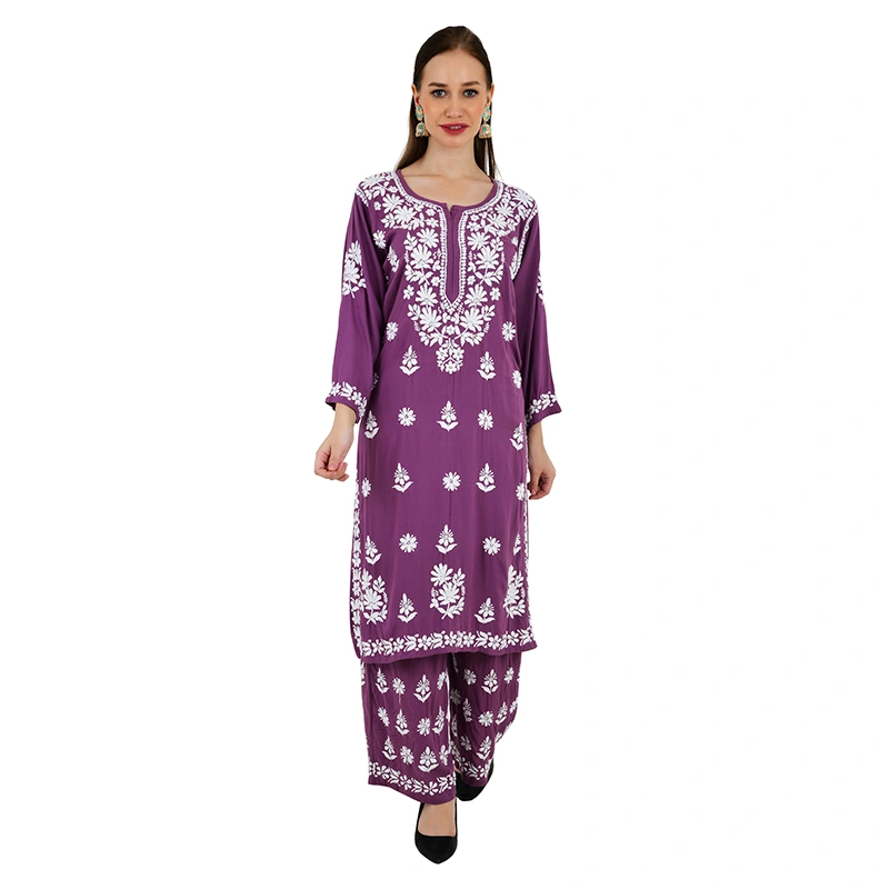 Female model in purple printed ethnic suit - ecommerce model photography by Lohar Studio Delhi